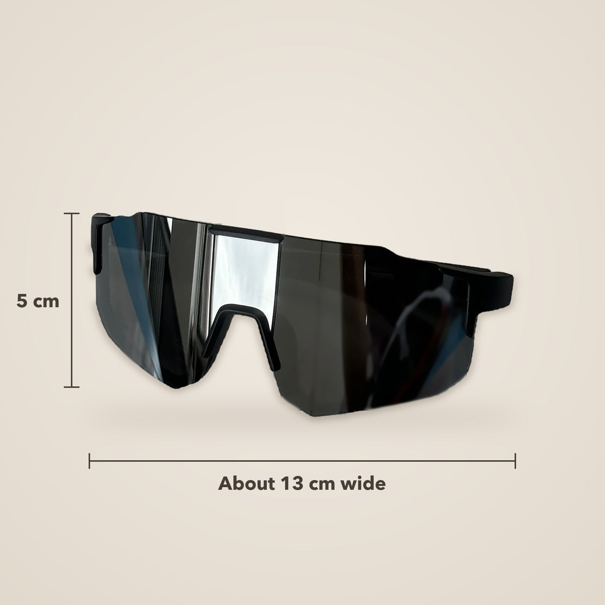 Kids sports sunglasses size guide, about 13 cm wide and 5 cm lens height