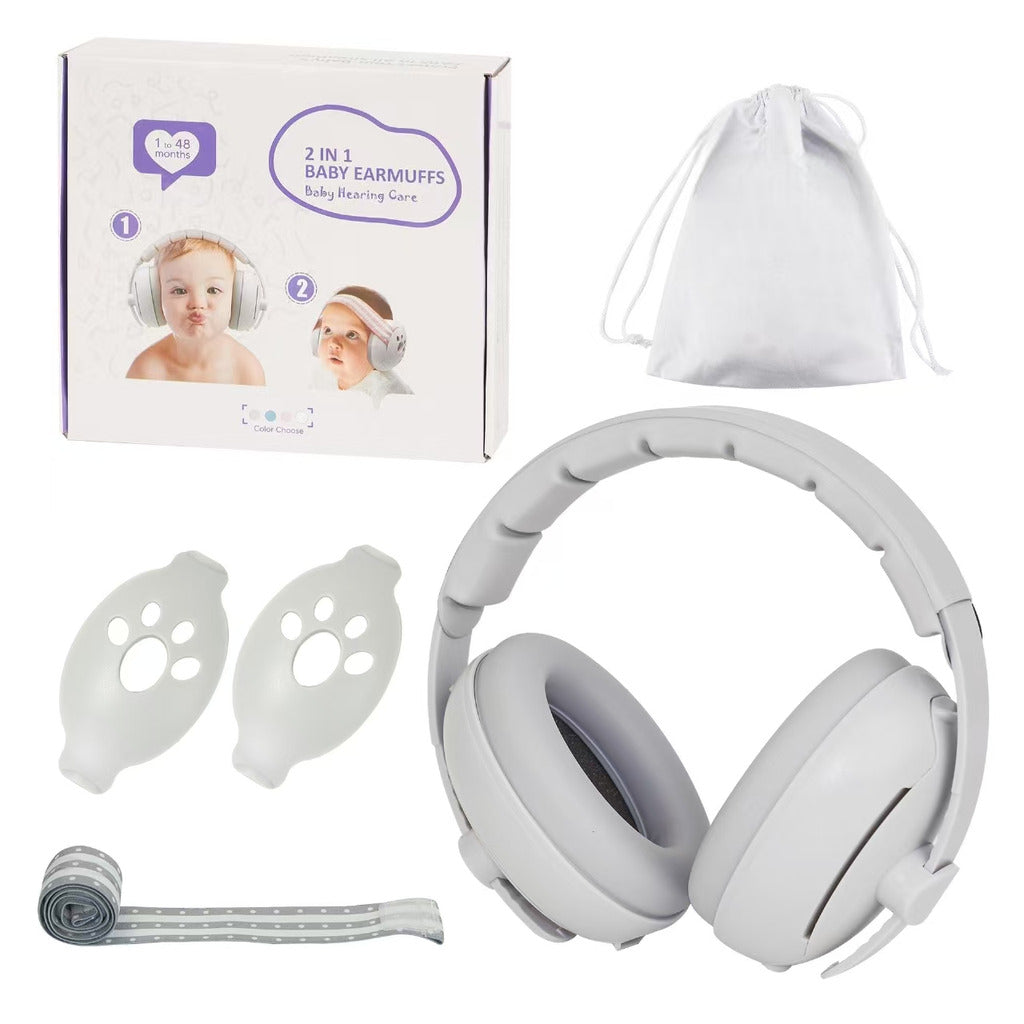 Kids ear defenders with both headbands, soft cushions, carry pouch and box