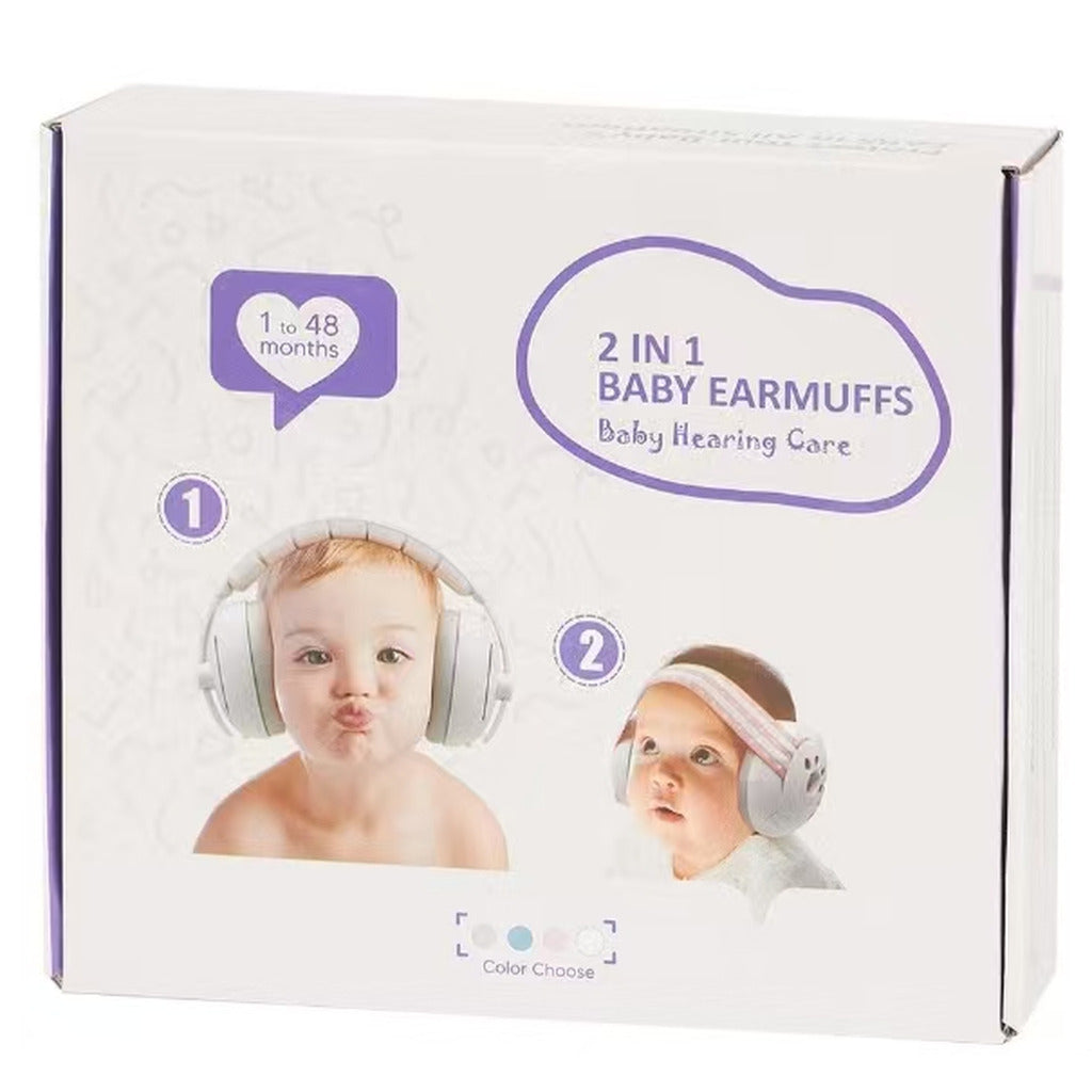 2 in 1 baby ear defenders box, showing both ways to wear them