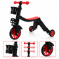Red Cubbie tricycle from the side with close-ups of the cup holder, handlebar heights and front wheel