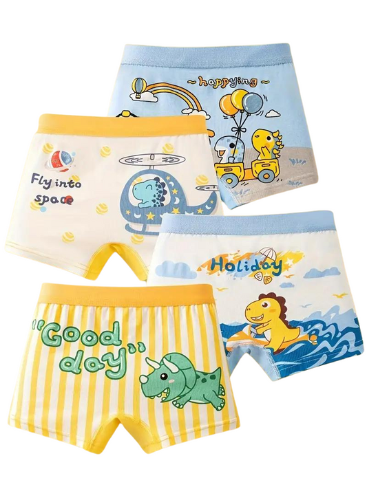 Pack de 4 Culottes Enfants avec Imprimés Dinosaures et Voitures