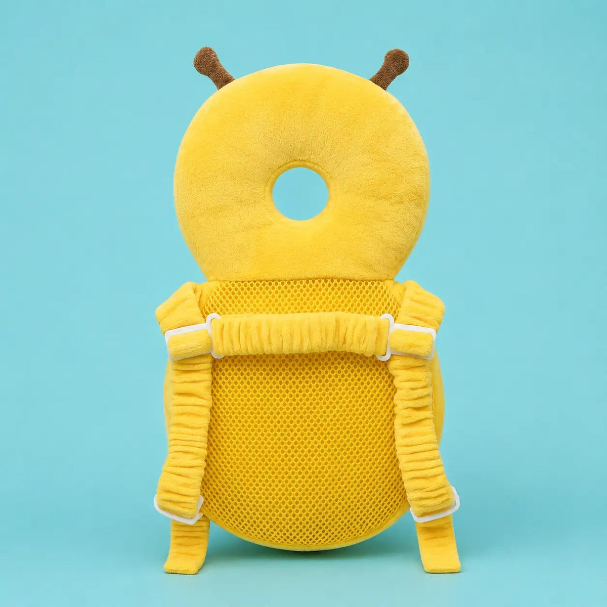 Bee baby head protector, back view with the adjustable shoulder straps