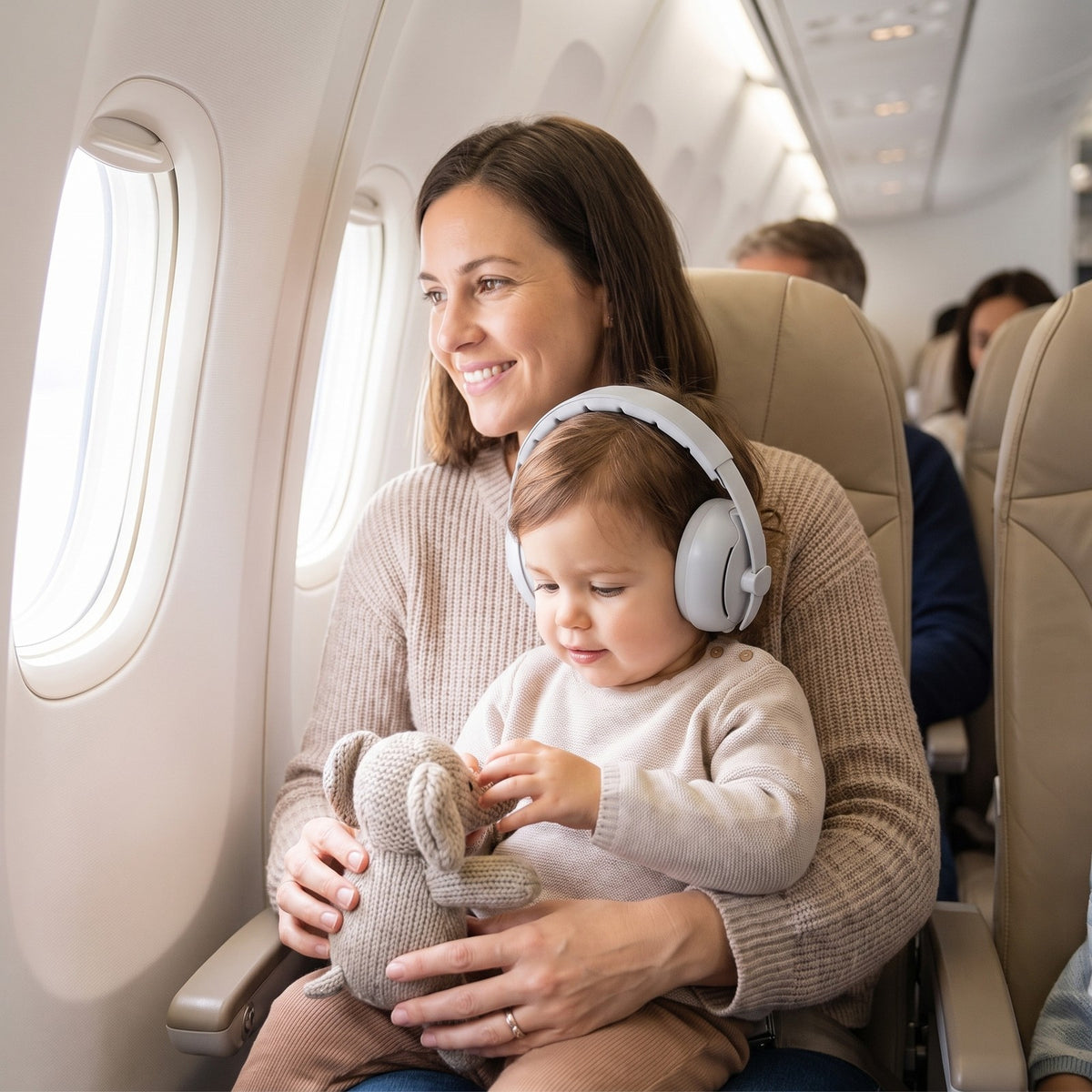 Toddler wearing grey ear defenders on a plane, calm on mum's lap