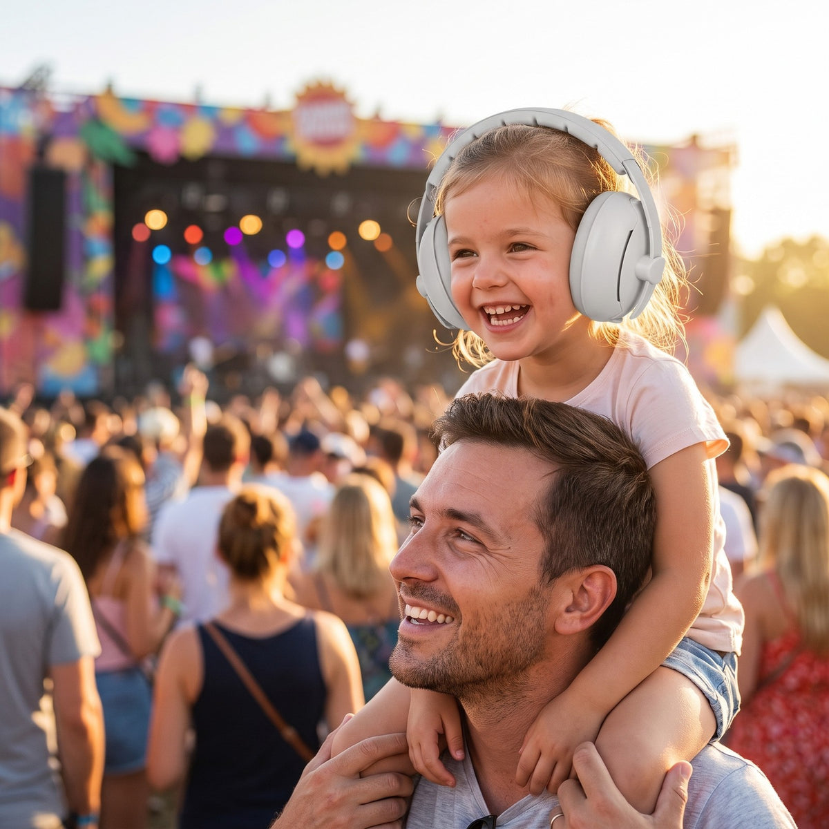 Little girl wearing grey ear defenders at a music festival on dad's shoulders