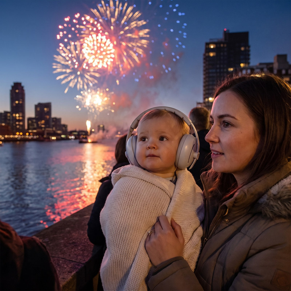 Baby wearing grey ear defenders while the family watches fireworks