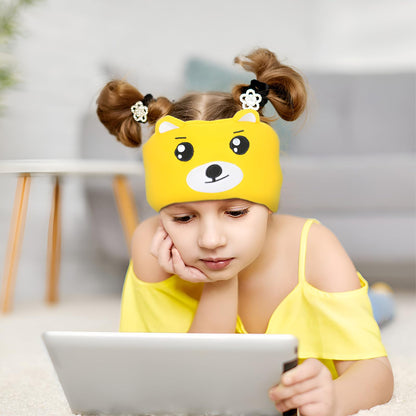 Girl listening to her tablet through yellow bear kids headband headphones