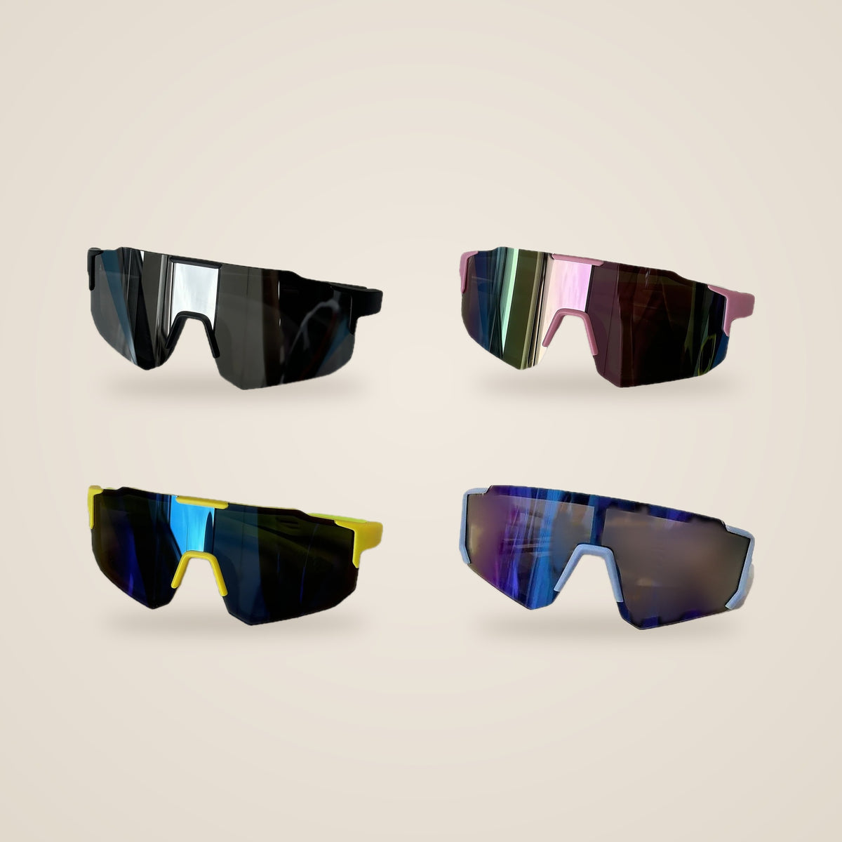 Kids sports sunglasses in black, pink, yellow and light blue