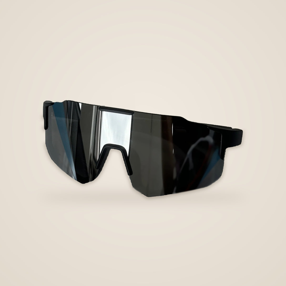 Black kids sports sunglasses with a silver mirrored shield lens