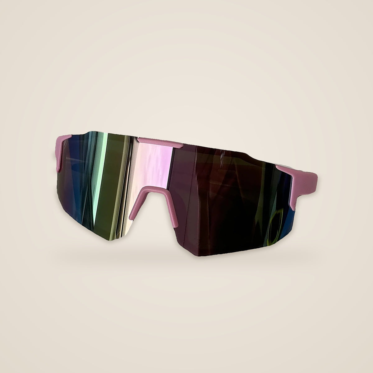 Pink kids sports sunglasses with a mirrored shield lens