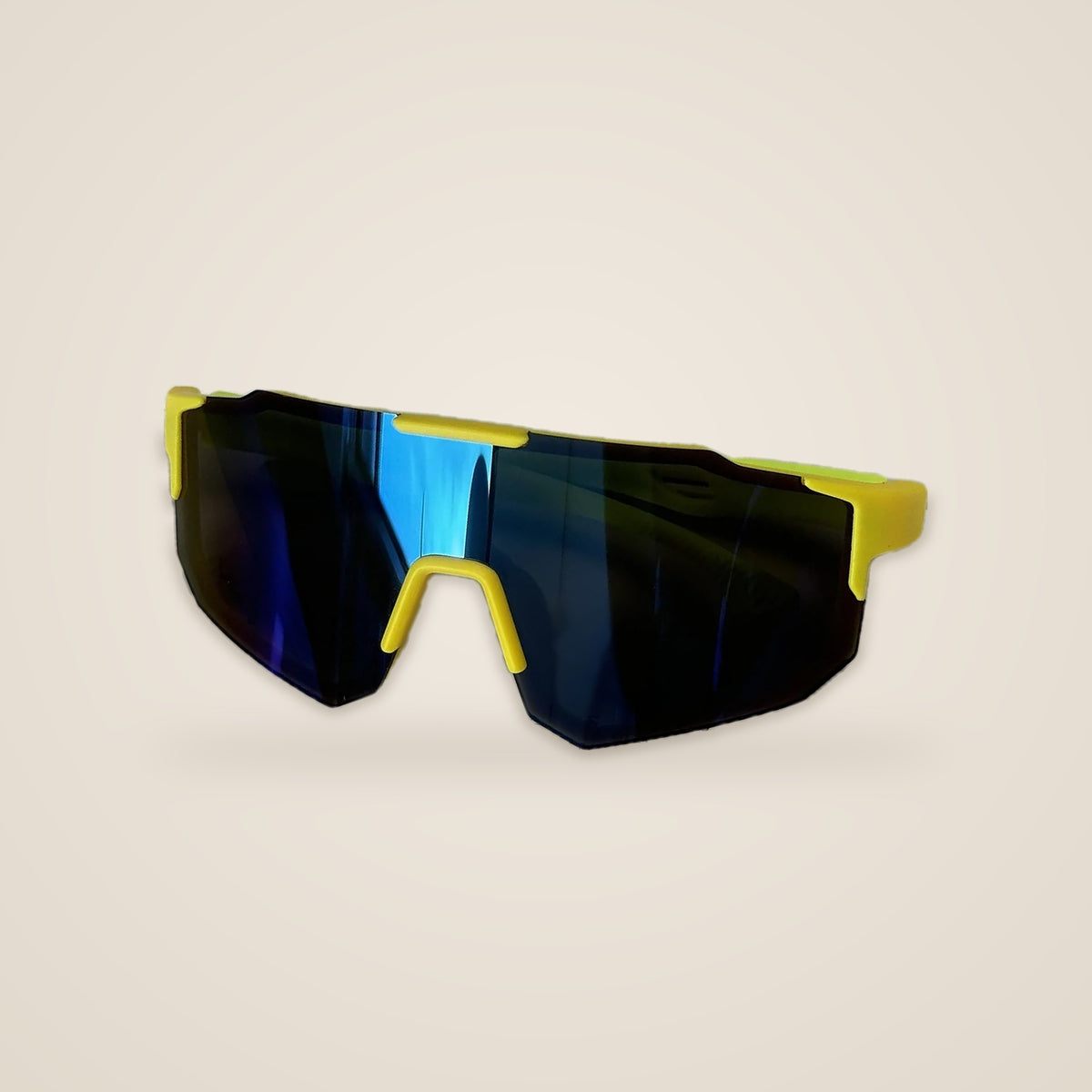 Yellow kids sports sunglasses with a blue mirrored shield lens