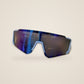 Light blue kids sports sunglasses with a mirrored shield lens