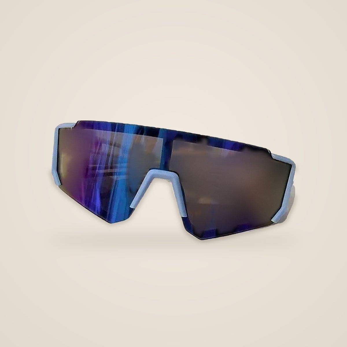 Light blue kids sports sunglasses with a mirrored shield lens