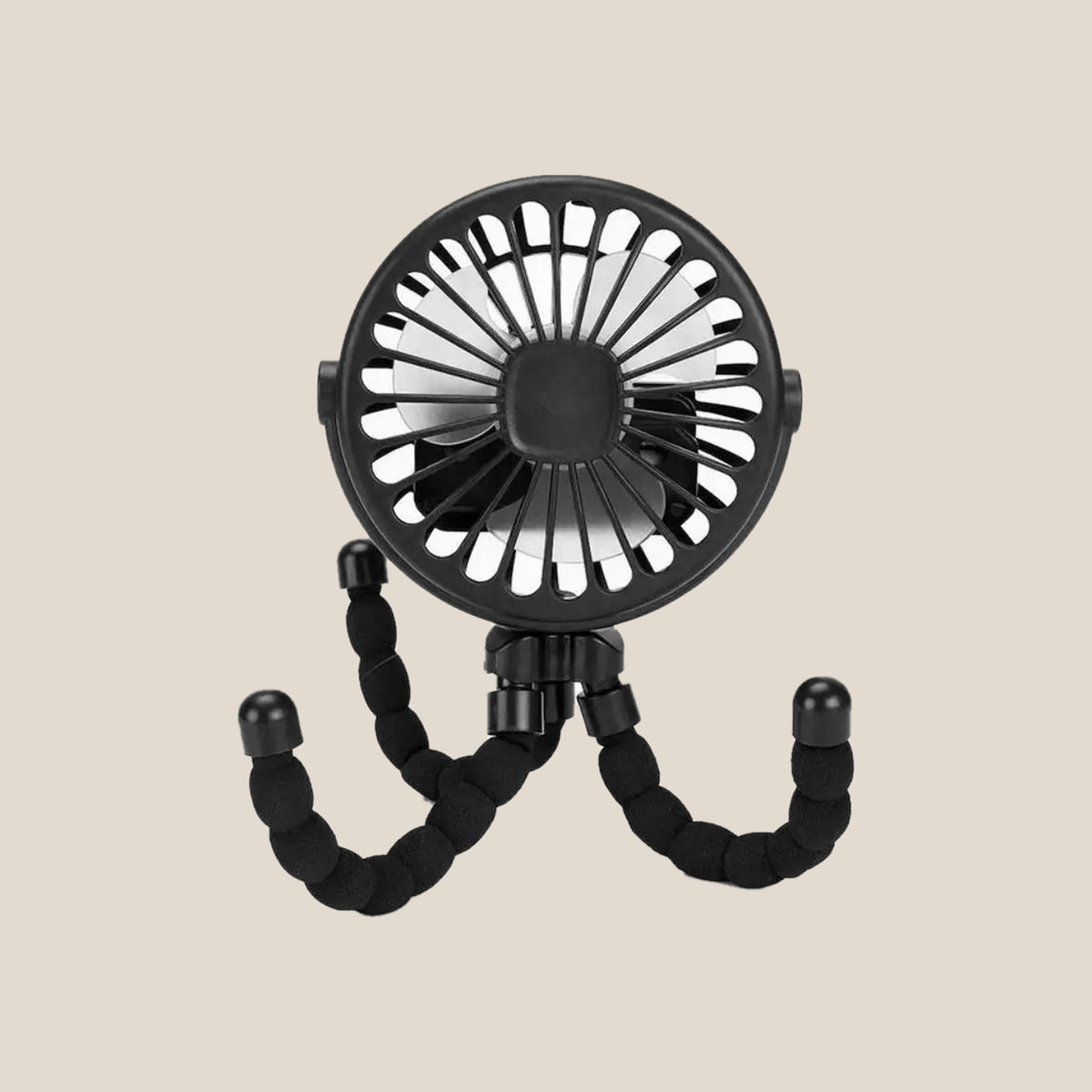 Black clip on pram fan standing on its bendy legs