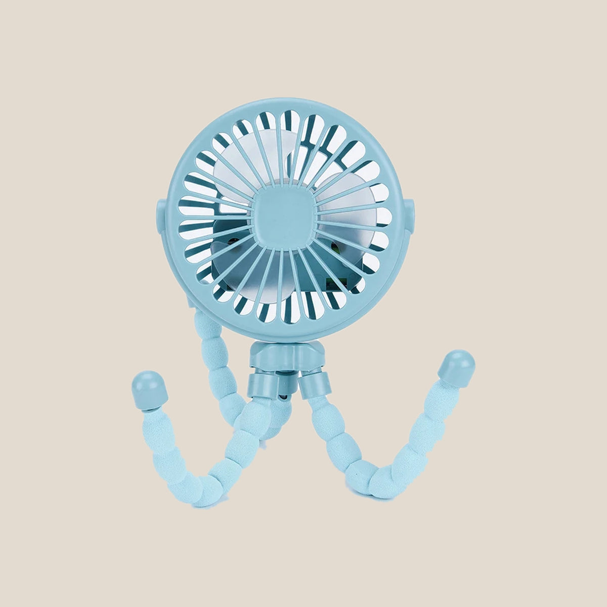 Blue clip on pram fan standing on its bendy legs